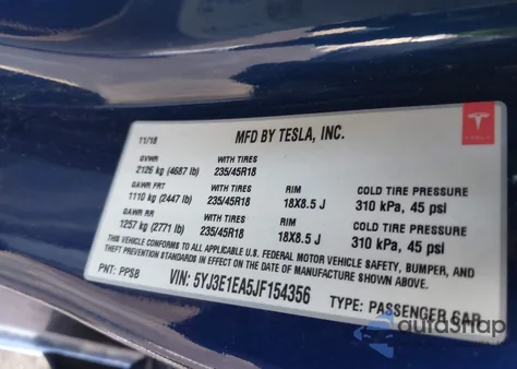 2018 Tesla Model 3 Long Range/Mid Range из США, поврежденный, VIN 5YJ3E1EA5JF154356